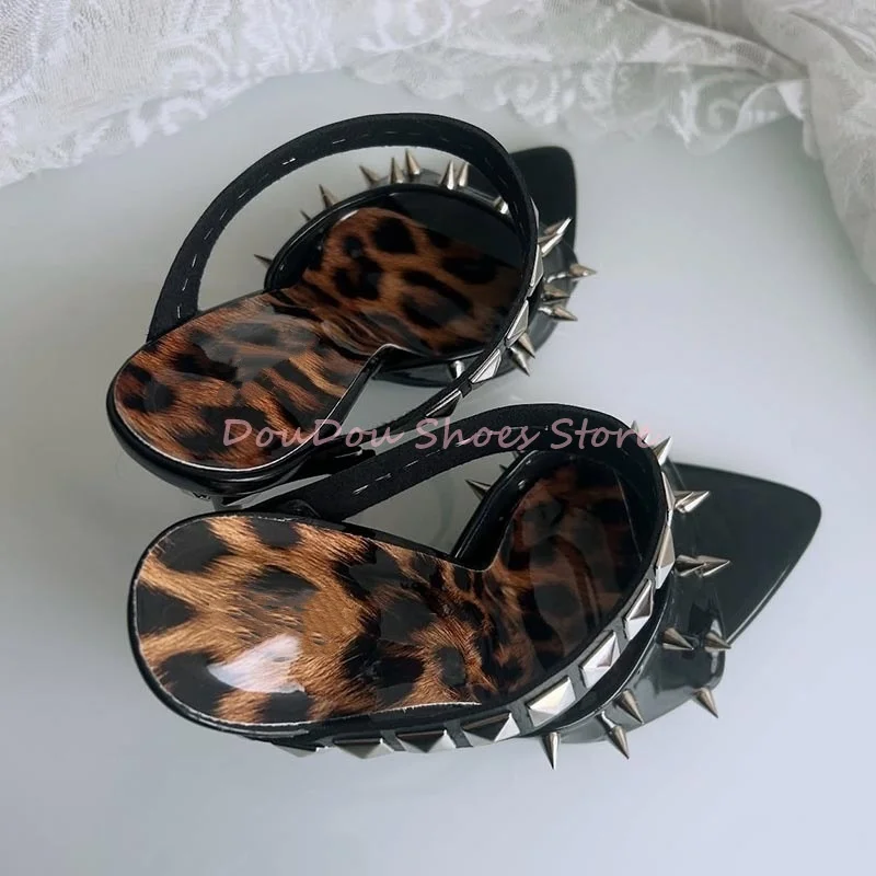 Black Spikes Decor Slip On Stiletto Mules Slippers Women Leopard Print Pointed Toe Thin High Heels Punk Fashion Club Shoes New