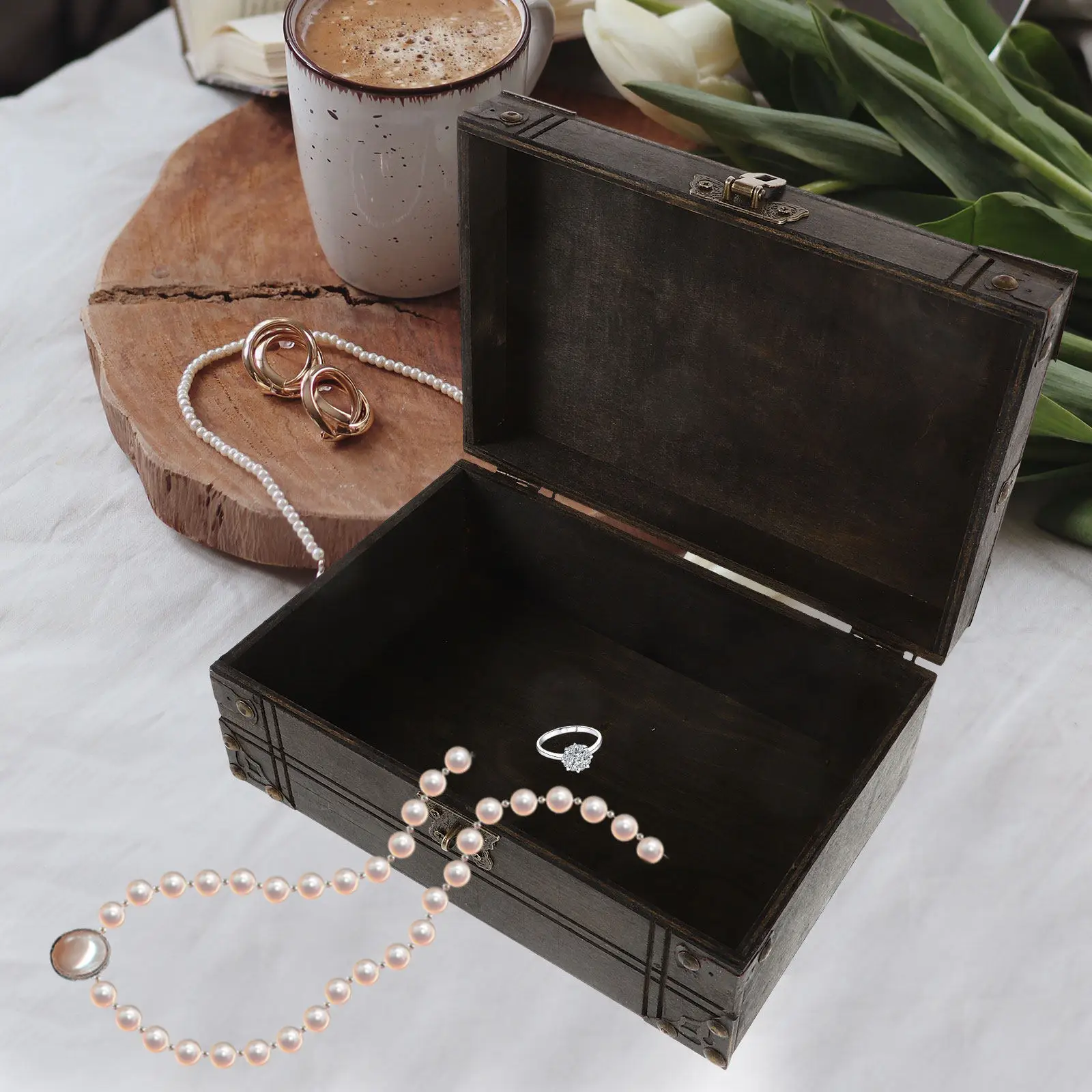 

Винтажный деревянный сундук для хранения темно-коричневого цвета, в деревенском стиле, для организации украшений и косметики, ретро-сундук для памятных вещей с декоративным замком