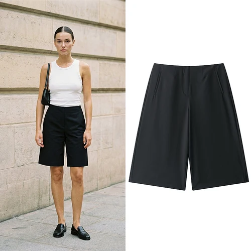 Willshela, Mini pantalones cortos informales con cremallera frontal negra a la moda para mujer, pantalones cortos elegantes Vintage de cintura alta para mujer