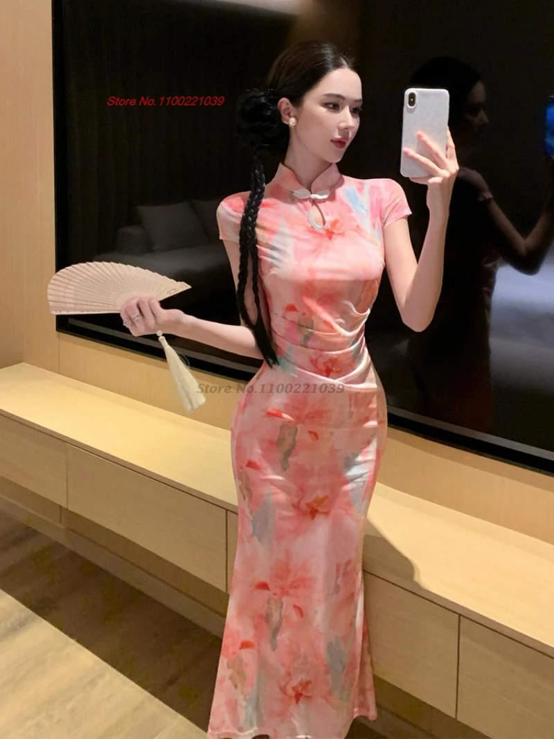 2026-chinese-nightclub-dress-improved-cheongsam-traditional-flower-print-mesh-qipao-retro-fishtail-dress-oriental-banquet-dress