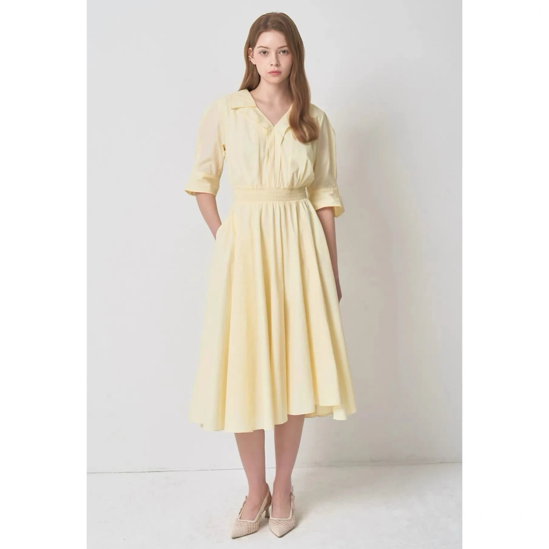 

Slimming Effect Lemon Cheese Dress Elegantly Designed V-Neck Pleated Waistline Short Sleeve Commute Style for Women