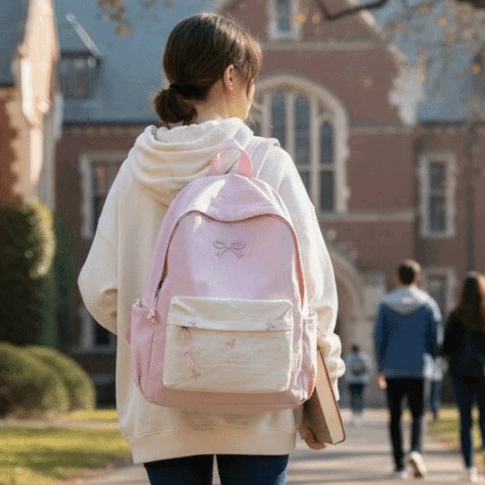 

Daypack Canvas Bow Backpack Embroidered Contrast Color Students School Bag Casual Scratch Prevention Large Capacity Backpack