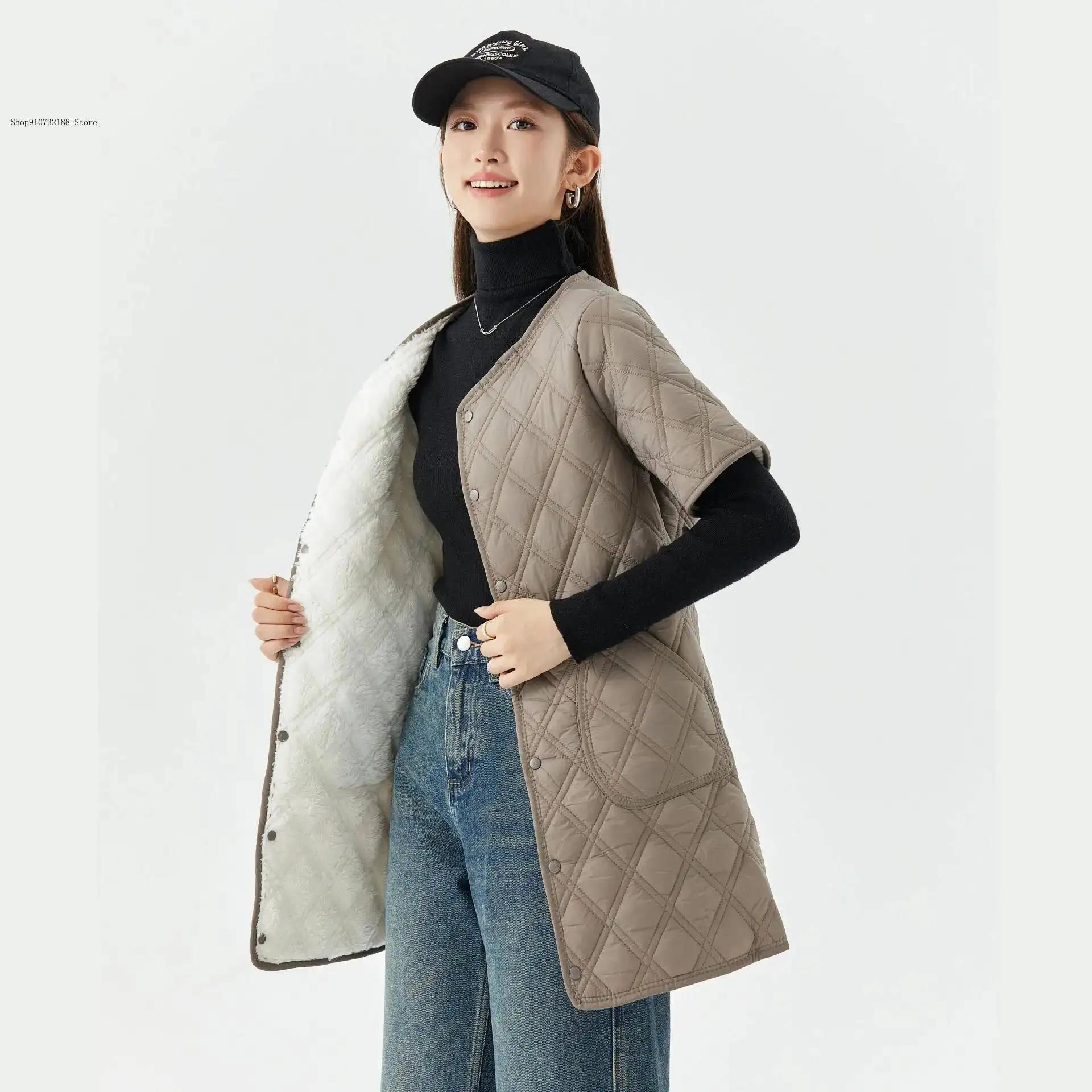 Spring And Autumn Winter Home Warmth With Velvet Medium To Long Short Sleeve Vest Cotton Jacket Women's Clothing