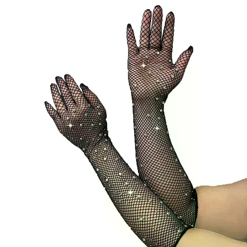 Sexy Elastic Rhinestones Mesh Gloves Flash Diamond Full Finger Fishing Net Gloves Electronic Music Festival Clothing Accessories