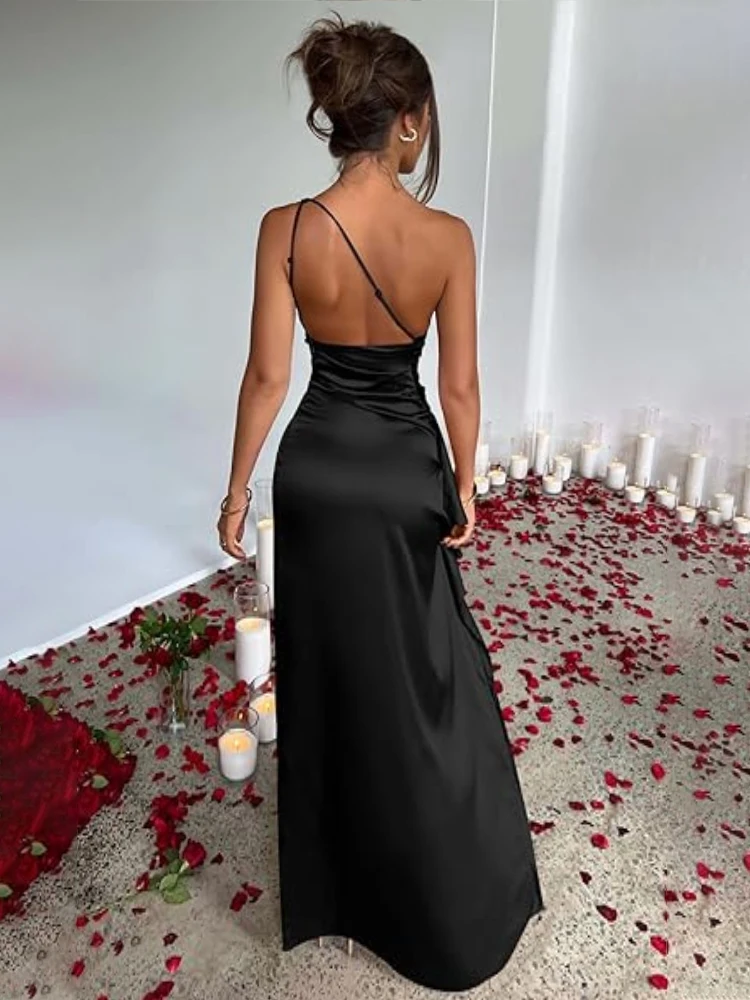 Mulheres sexy um ombro vestido de noite alta fenda cocktail casamento formal festa baile elegante vestido longo