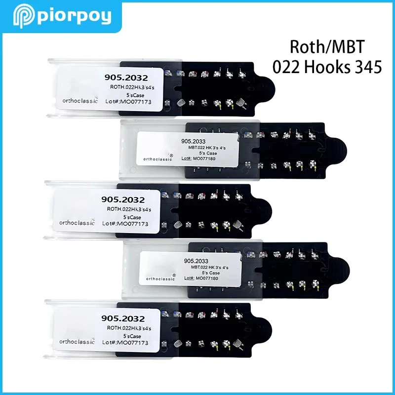 PIORPOY 5Kit de Brackets Dentales de Ortodoncia, Mini Brackets Metálicos Monoblock Roth MBT 022 345 con Gancho, Materiales para Tratamiento Dental