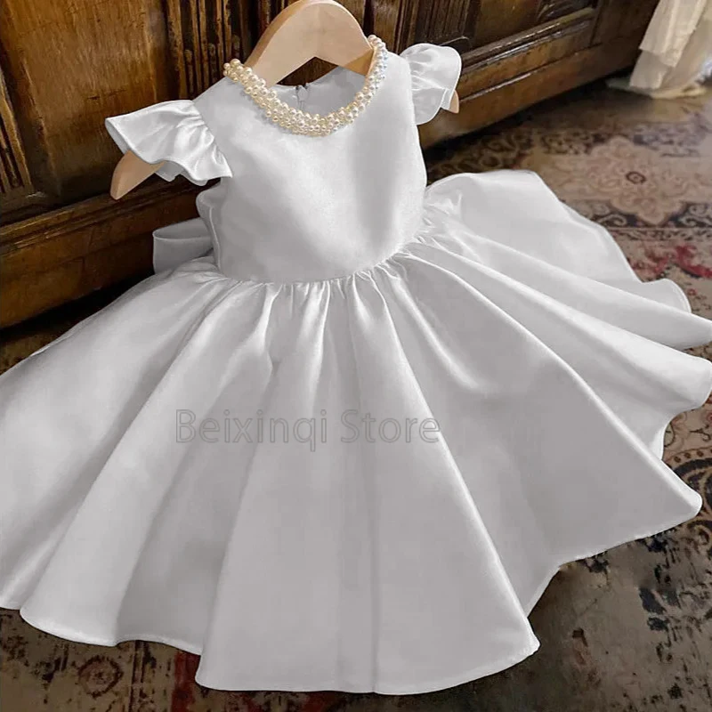 

Ivory color Satin Flower Girl Knee length dress Pearls bow Petal Sleeve kids Can custom color formal occasion birthday ball gown