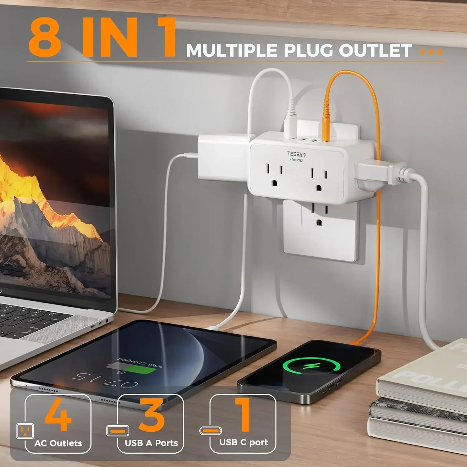 Multi Plug Outlet Splitter TESSAN Surge Protector 4 Electrical Outlet Extender with 4 USB Blocks(1 Type C)M Plug Wall Expander