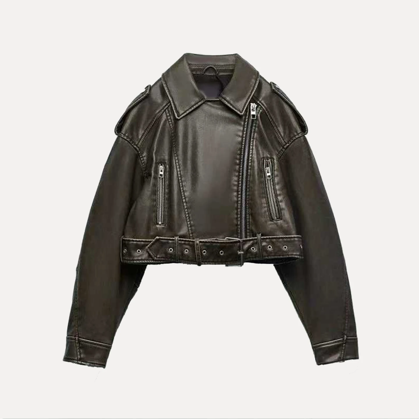 Faionable دراجة نارية جلدية فضفاضة Jaet المرأة الخريف جديد Sle الوقوف طوق ort ملابس خارجية Z الوقوف صالح