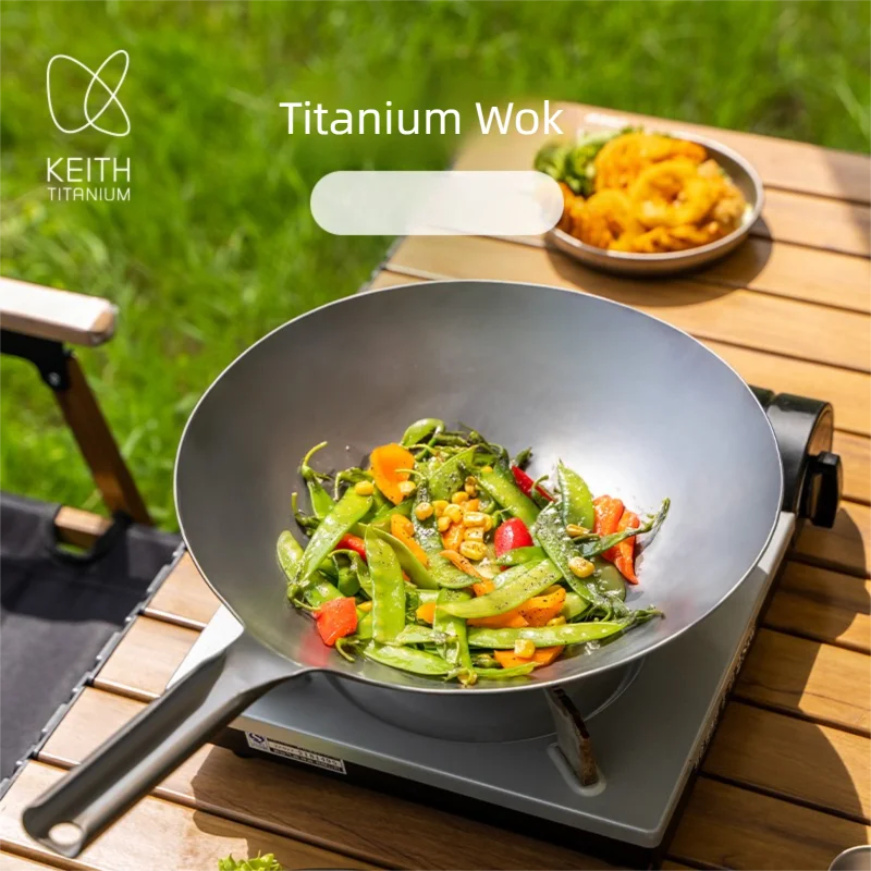 KEITH Pure Titanium Chinese Wok Traditional Round Bottom Stir Fry Pan 830g Lightweight No Coating & Naturally  Non-Stick