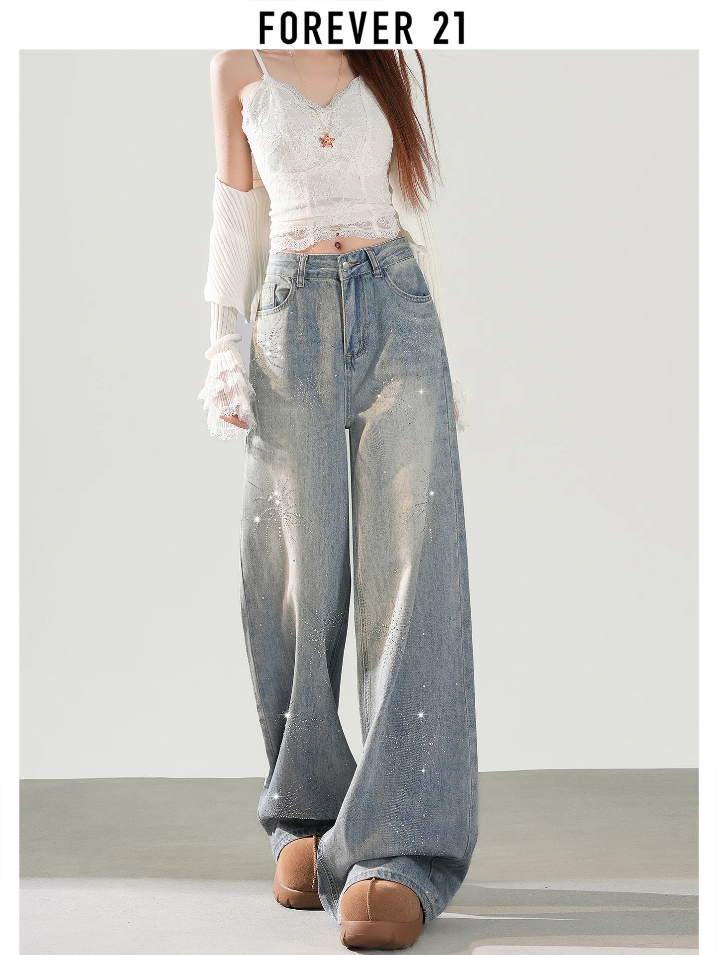 Jeans de Mezclilla Rectos de Cintura Alta Azul Claro Forever 21 para Mujer, Decorados con Pedrería, Moda Casual Primavera 2026