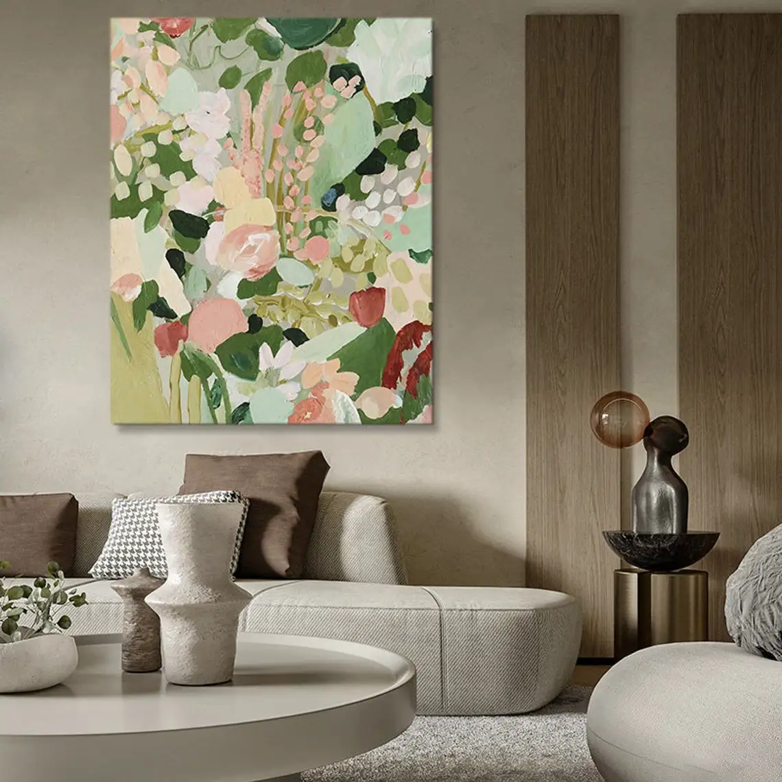 Abstract Green Flowers Oil Painting on Canvas Large Modern Floral Texture Acrylic Painting Boho Living Room Wall Art Home Decor