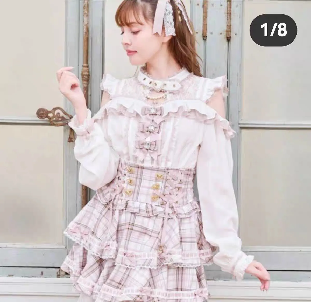 

Japanese Style High Waist Slimming White Lace Shoulder Bared Button up Sweet Bow Heavy Industry College Style Shirt