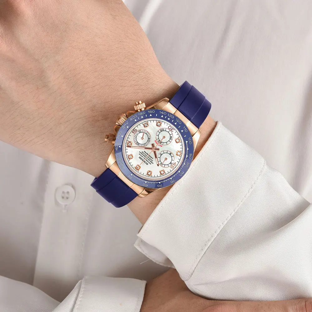 39 مللي متر ساعة يد رجالية ذهبية وردية VK63 حركة كرونوغراف الياقوت الزجاج المطاط حزام رجال الأعمال ساعة مخصصة