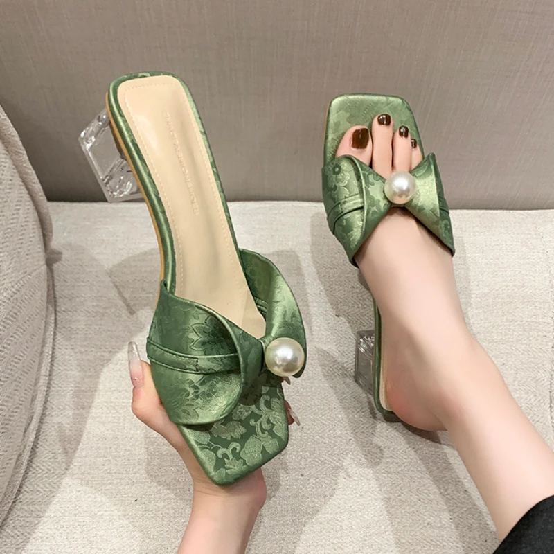 Women's Slippers Summer New High Heels Square Head Open Toe Pearl Innovative Printed Sandals Casual Fashion Crystal Slippers