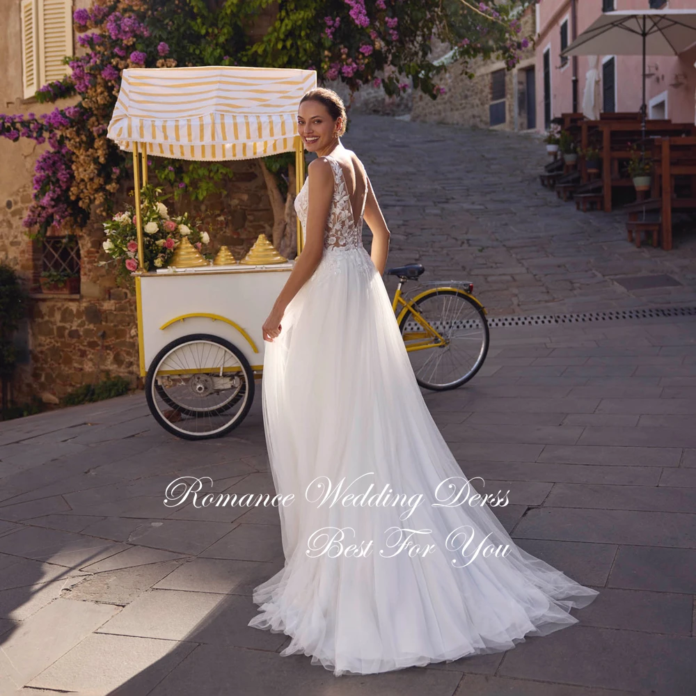 Elegant Pleat Lace V-Neck A-Line Wedding Dress Spaghetti Strpas Open Back Sleeveless Bridal Gown Vestidos De Novia Customized