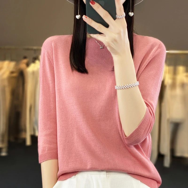 Five-point sleeve simple round neck shirt spring and summer new worsted superfine wool knitted short-sleeved T-shirt