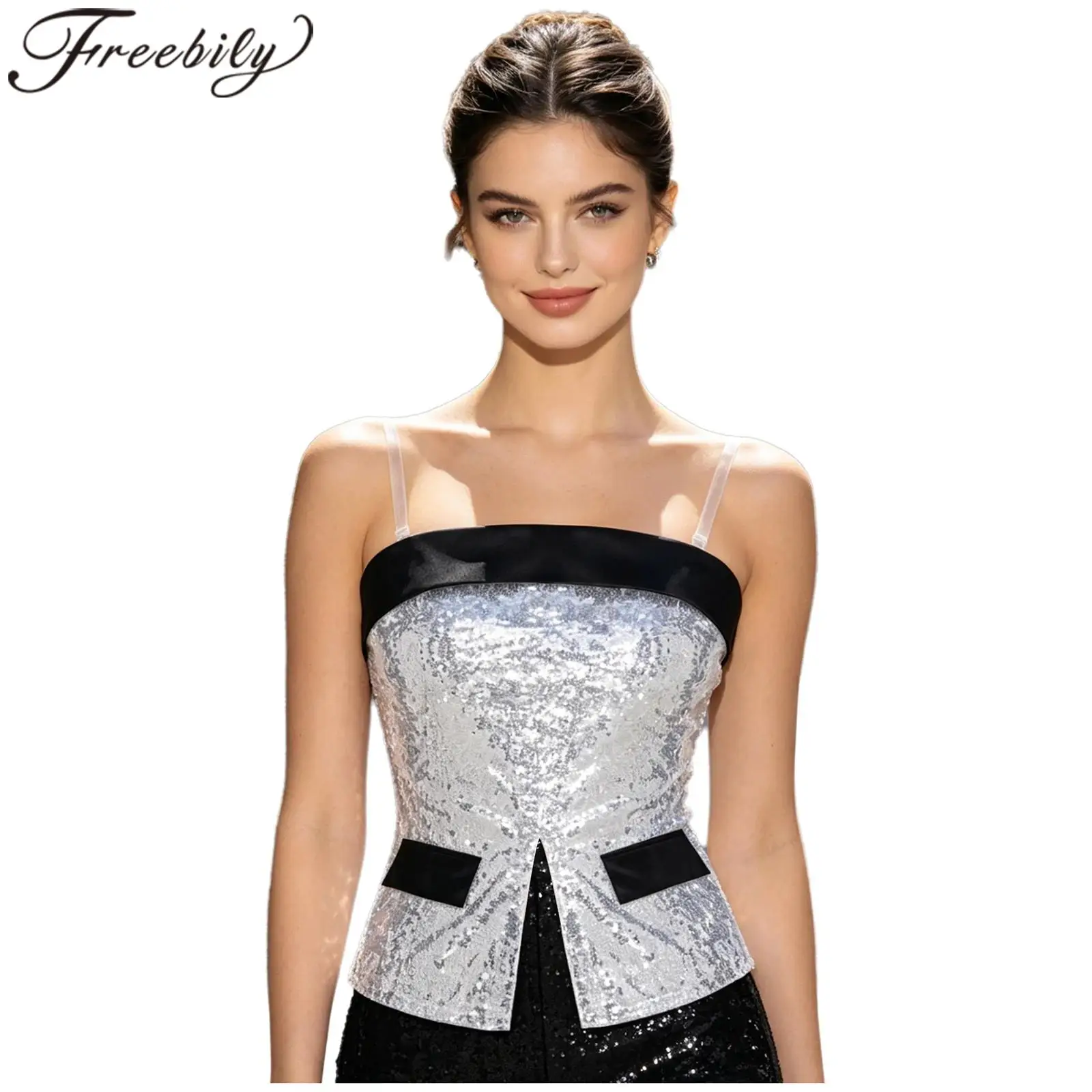 

Women Strapless Shiny Crop Top 70s 80s Disco Costume Glitter Sequin Tank Top Clubbing Nightclub Outfit Woman's Color Block Vests