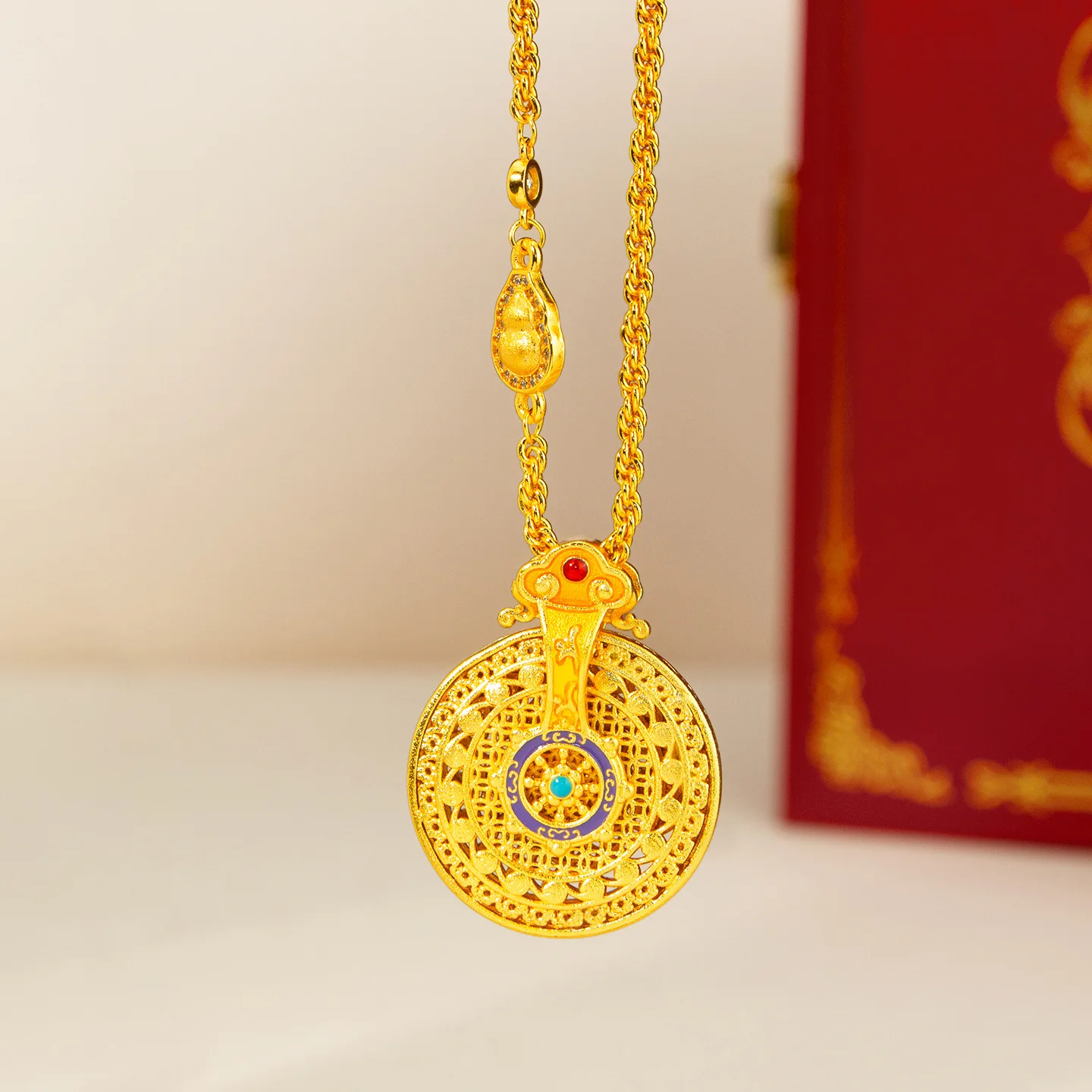 9999 gold enamel dragon-shaped rotating compass pendant for women, new Chinese style retro collar chain