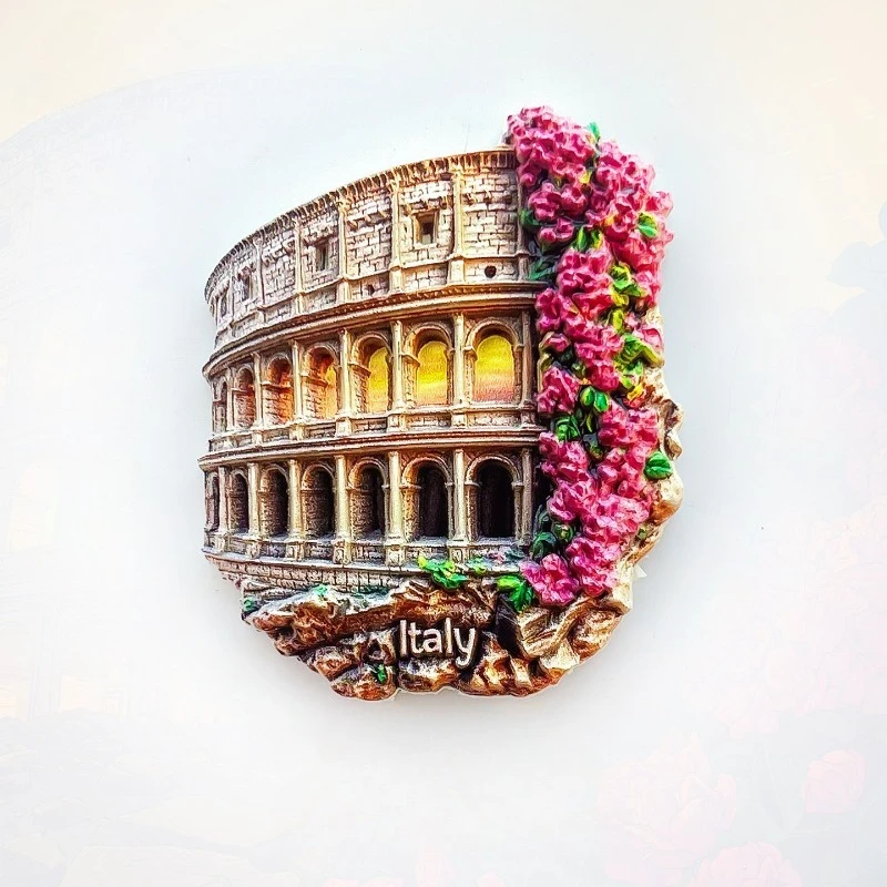 Imán para nevera Roma Italia: impresionante coliseo 3D con flores, recuerdo histórico único para viajes y decoración romántica del hogar