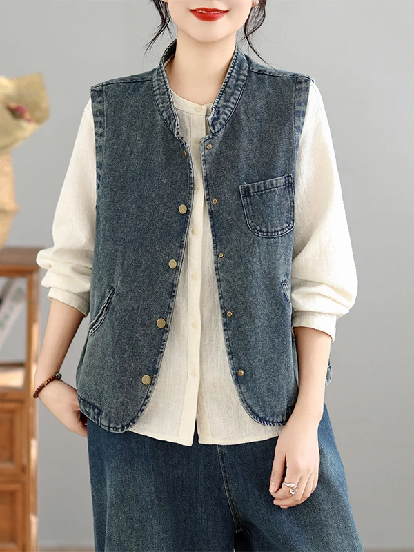 

Женский джинсовый жилет большого размера, весенний повседневный свободный топ без рукавов, куртка-жилетка из смесового хлопка и полиэстера