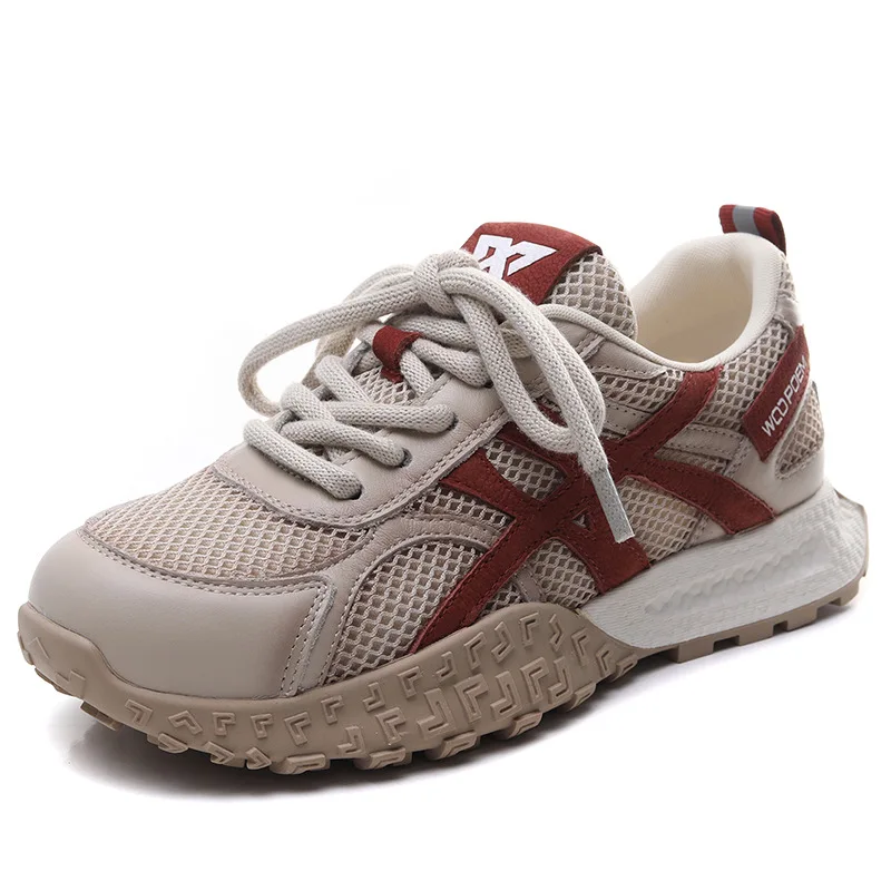 

Spring Summer New Style Top Layer Cowhide Net Shoes Real Leather Casual Color Block Women's Shoes Comfortable Rubber Sole