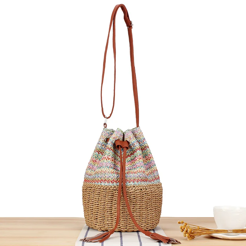 

Japanese and Korean pumped bucket bags, shoulder bags, summer beach, straw bags, stitched stripes