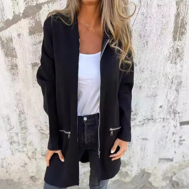 Black Jacket Woman Long Cardigan Autumn Winter Solid Long Sleeve Coats For Women Windbreaker With Zippered Pockets Warm Outwear