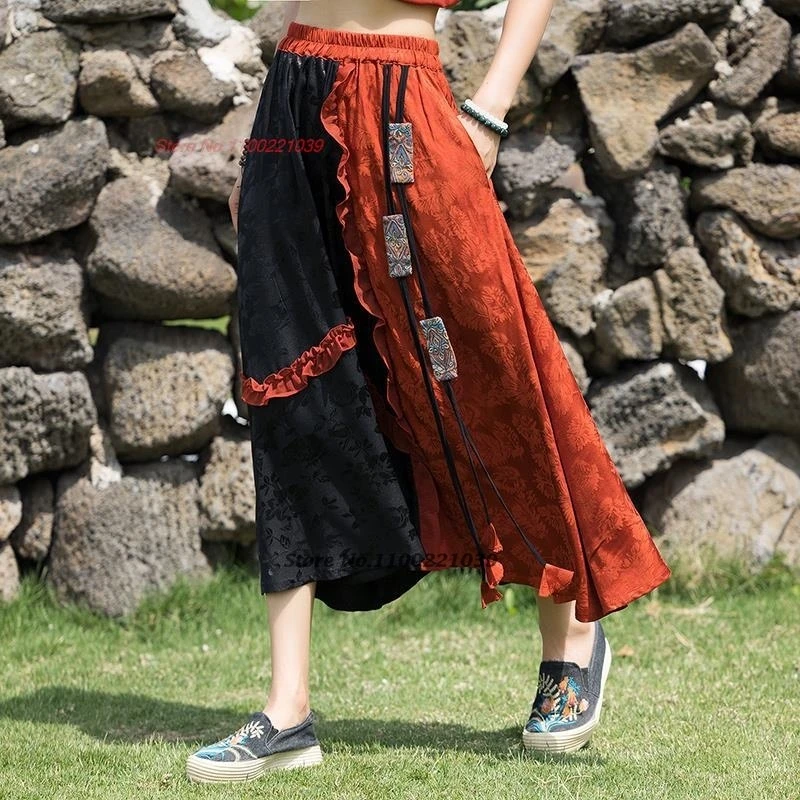 

2025 chinese vintage skirt traditional flower embroidery tassels satin jacquard folk skirt retro elastic waist a-line skirt