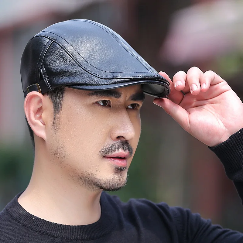 Mens Leather Beret Imitation Sheepskin Forward Hat Street Fashion Vintage Painter Hat Adjustable Newspaper Boy Hat