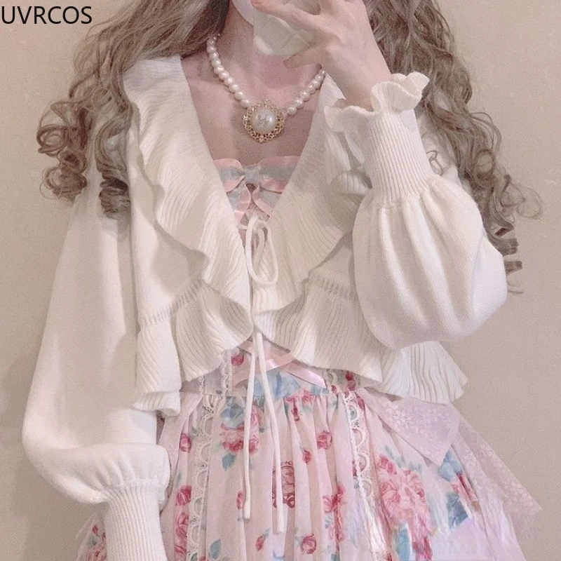 Jesienna Kawaii dla dziewcząt Lolita sweter dziergany słodkie falbany z okrągłym dekoltem sweter z rękawami kloszowymi Top kobiety elegancja bandaż