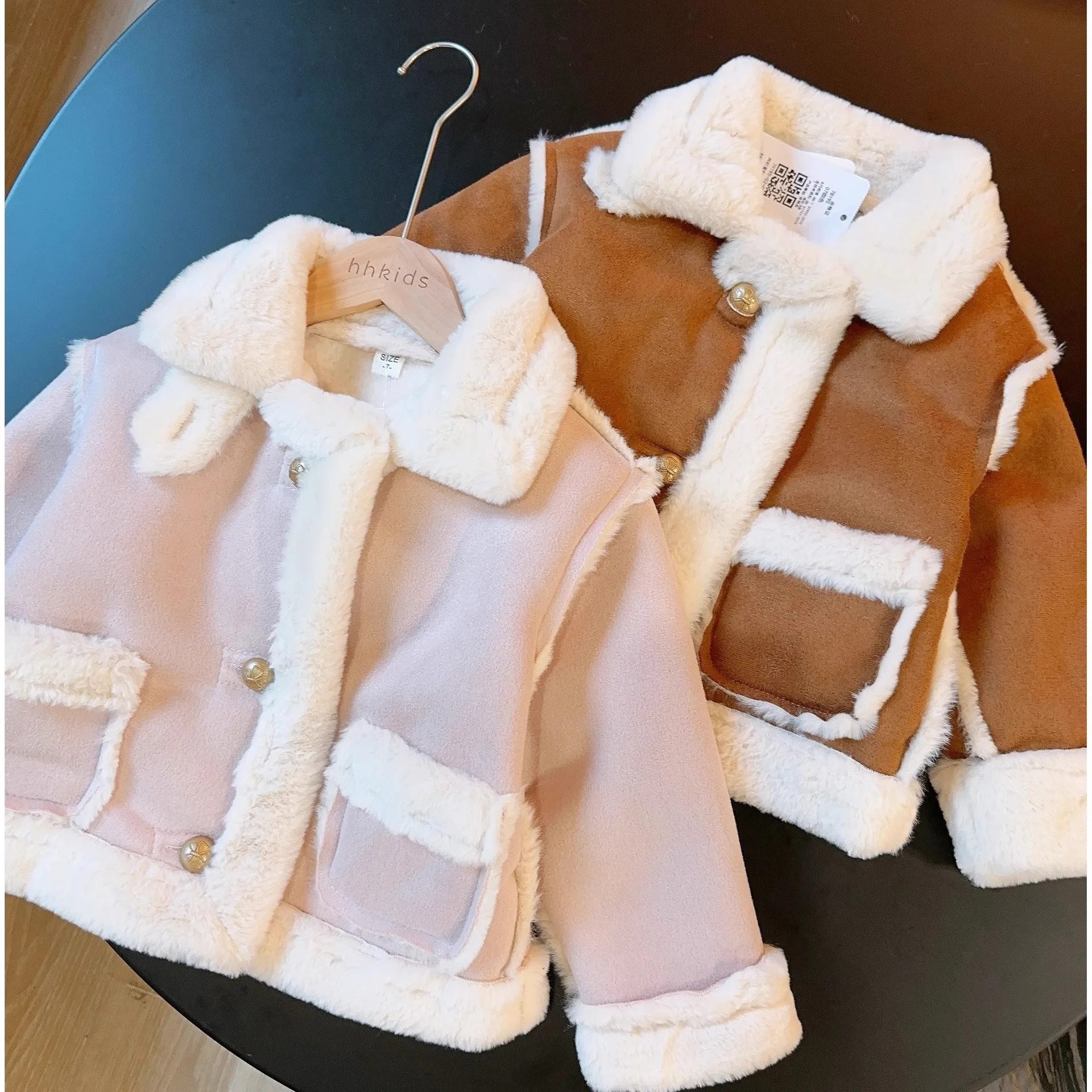 Korean Autumn Winter Kids Girls Suede Jacket Plus Velvet Soft Warm Pocket Thick Baby Girls Coat Children Girls Outerwears