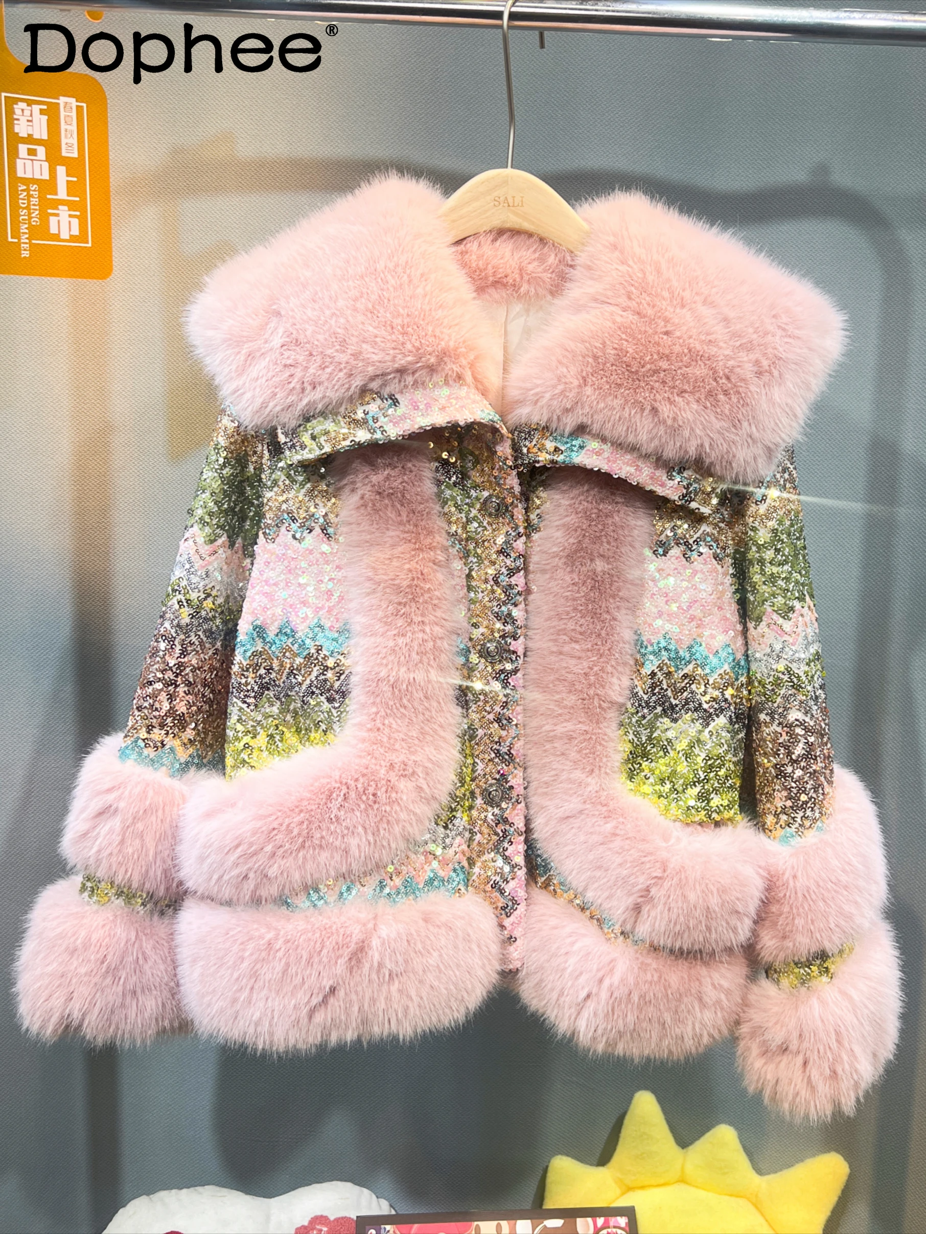 European Station Pink Faux Fur Coat Women 2024 New Fashion Heavy Industry Sequined Mink Hair Jacket Loose Vintage Versatile Top