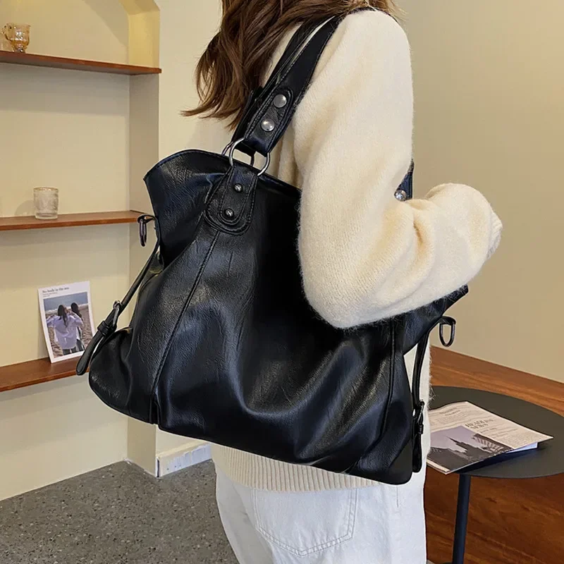 Large Black Women\'s Shoulder Bags Big Size Casual Tote Bag Quality Pu Leather Hobos Crossbody Bag Female Travel Shopper Handbag