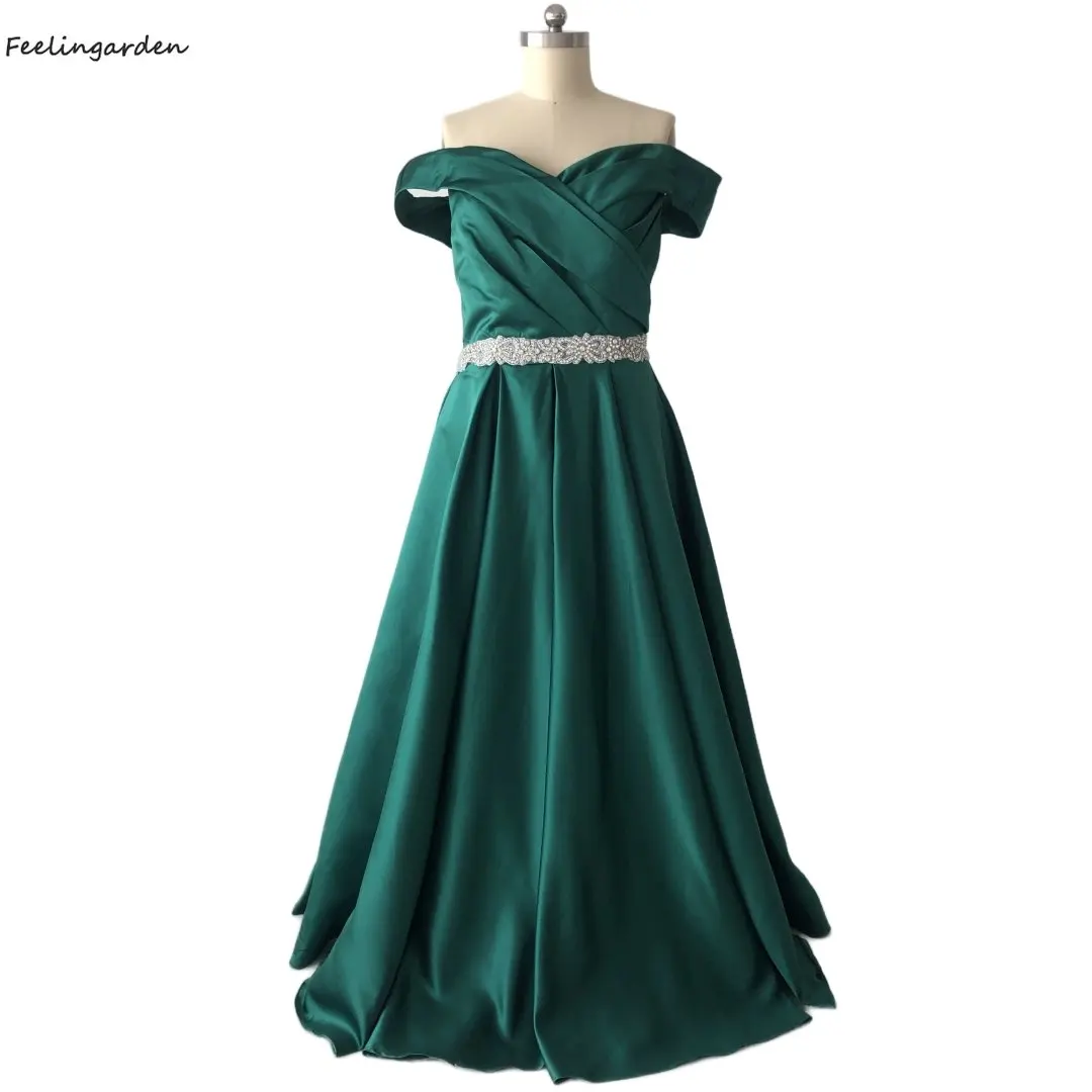 

Feelingarden Evening Dress Green Satin Off the Shoulder Pleat Beading Waist A-line Floor Length Plus size Party Dresses B2266