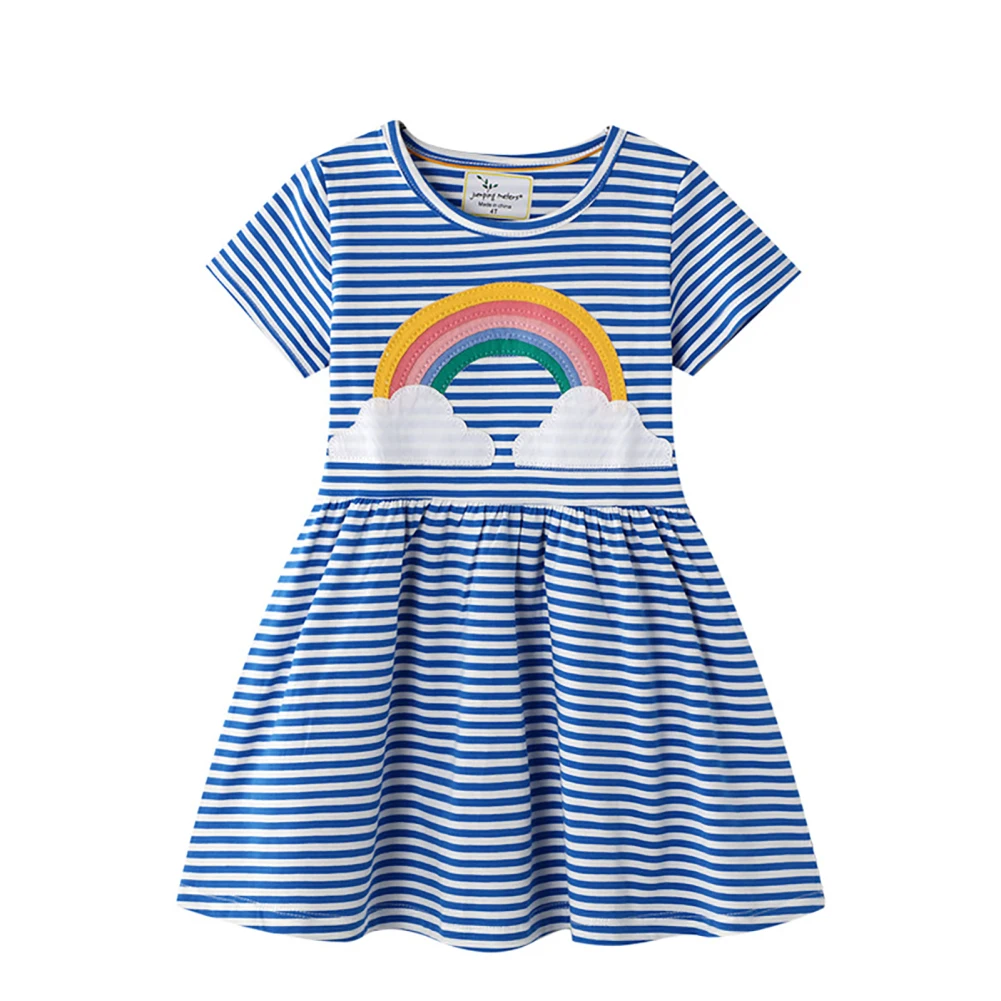 

Girl Summer Casual Dress Short Sleeve Party Princess Round Neck Striped Patchwork Knitted Cotton Skirt