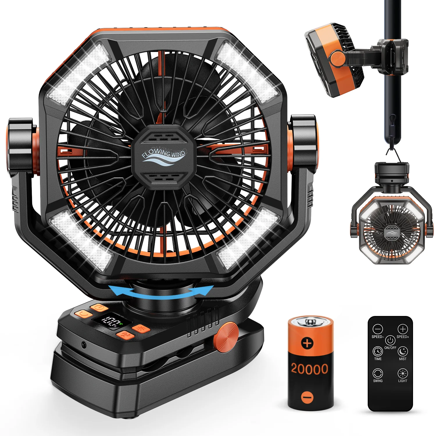Ventilador de Camping coldSky con Motor Dual, ventilador de clip recargable de 20000mAh con pantalla Digital con linterna LED para acampar al aire libre