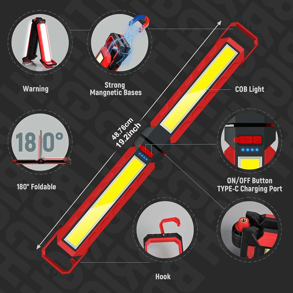 LED Work Light 180° Foldable & Magnetic Underhood Mechanic Light, 4000mAh Rechargeable with Hooks for Car Repair, Emergency