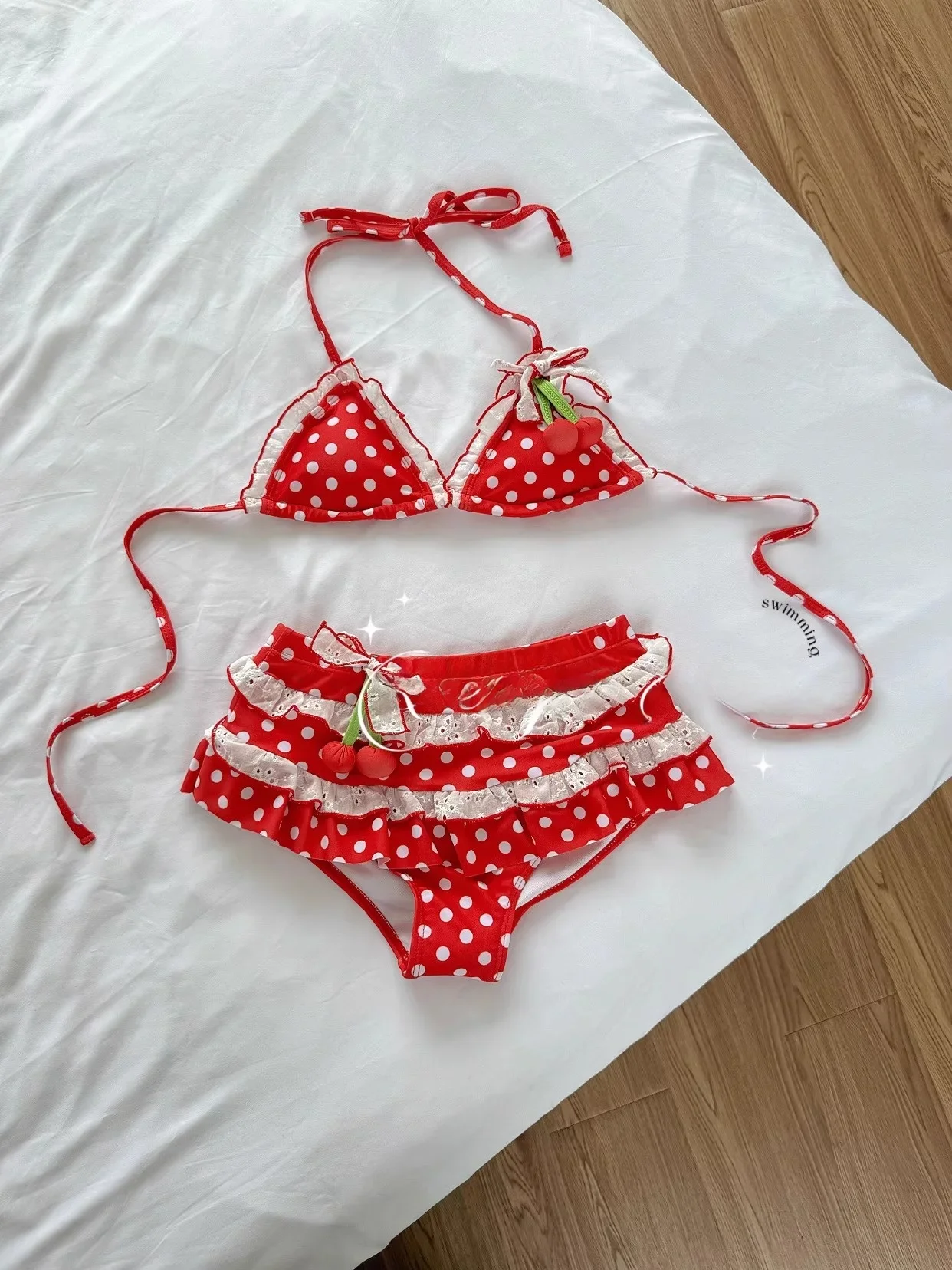 

New Little Cherry Beach Vaion Women's Swimsuit Tee-piece Set Pure Desire Bikini Pure Color Sports Fitn Fans Supplies