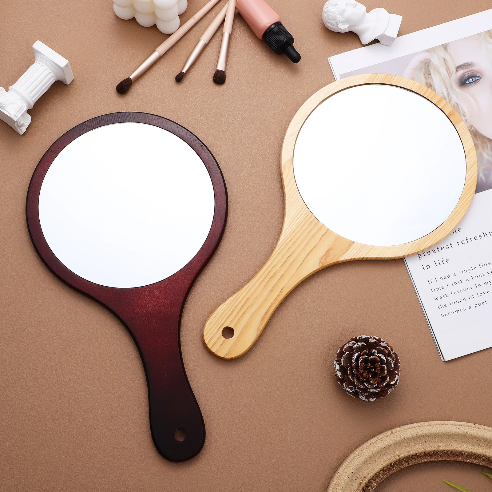 2 個大型ハンドヘルド木製ハンドルポータブル化粧鏡旅行サロン用スムーズな仕上げハンドミラー女性用