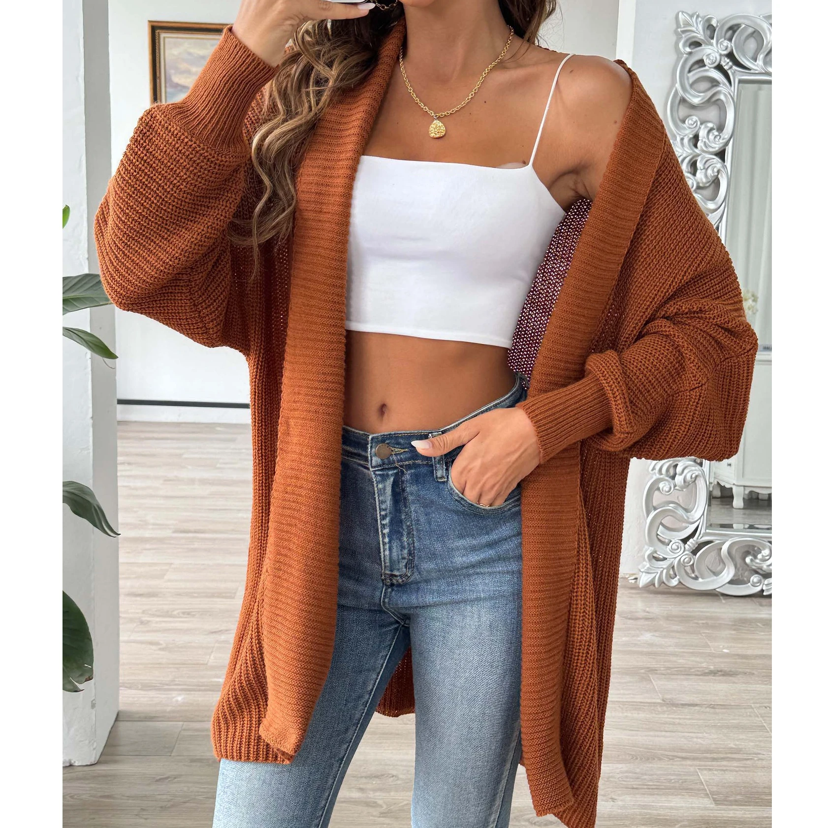 

Один размер, вязаный кардиган с длинными рукавами, женский синий свитер с открытой передней частью, свободный крой, удобный повседневный трикотаж на осень-зиму