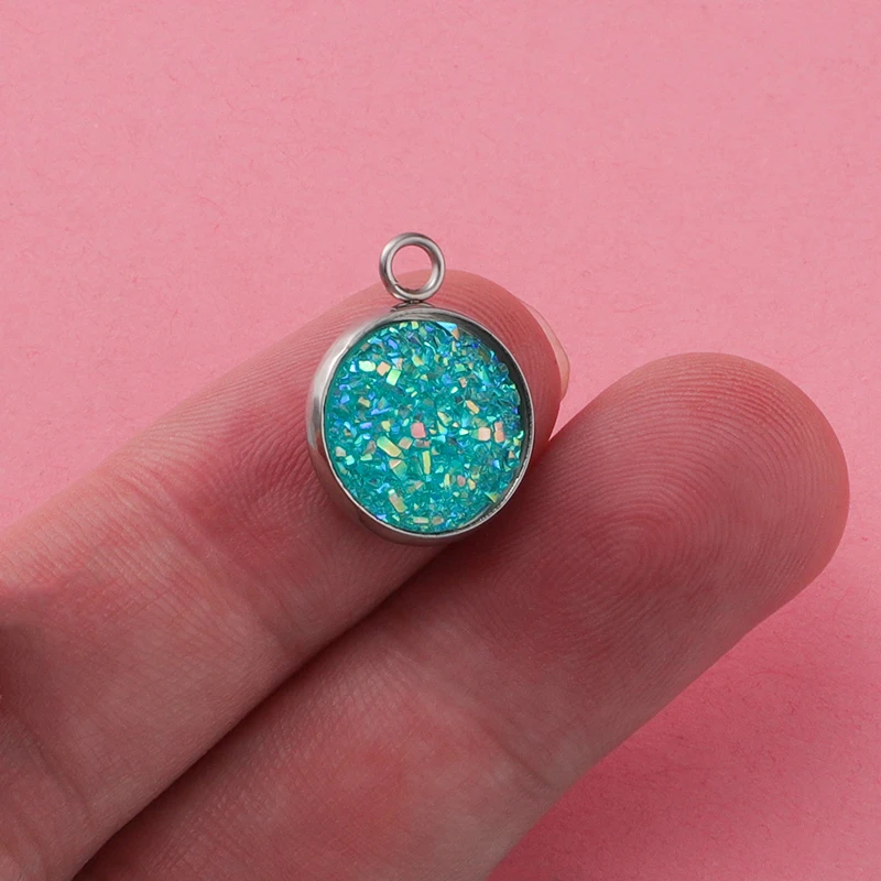 Fnixtar Stainless Steel Glitter Faux Druzy Resin Charm Pendant Colorful Round Charm For Girls DIY Jewelry 12mm 30piece/lot