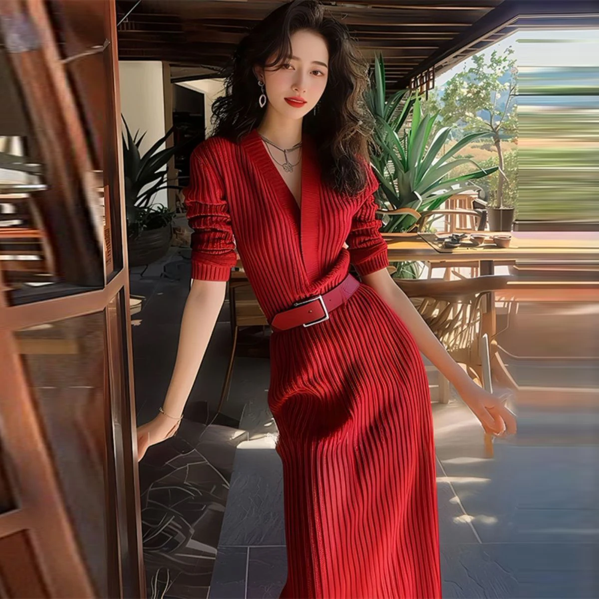 Gebreide jurk V-hals herfst nieuwe herfstkleding geavanceerde herfst- en wintertrui lange rok Franse rok dameskleding