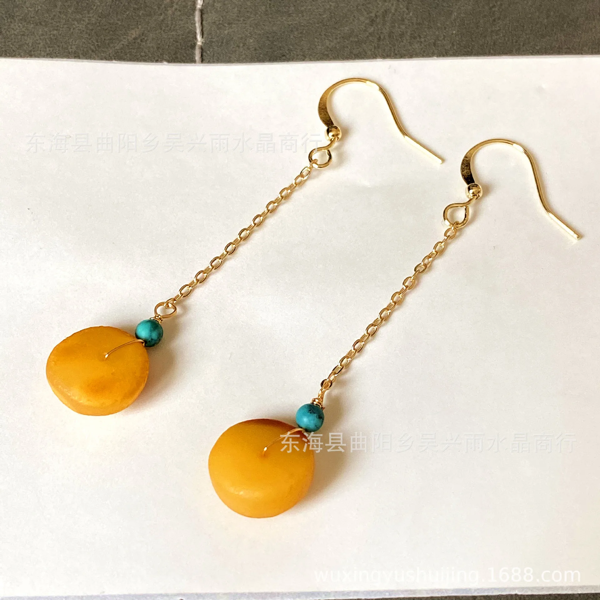 14k Gold Winding Natural Amber Beeswax Old Wax Safety Buckle Earrings Stud