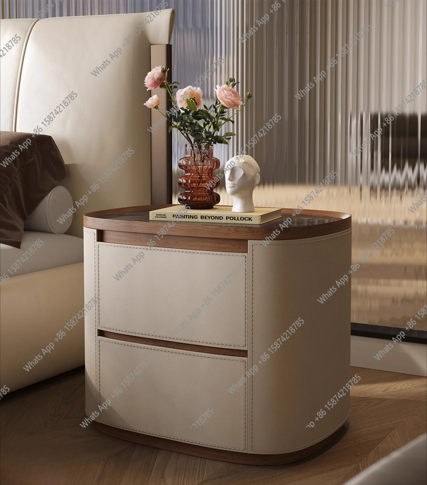 

Bedroom high-end bedside table, solid wood slate, high-end Italian minimalist slate, saddle leather round