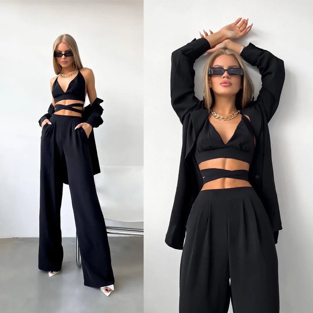 

Sexy Tee Piece Set Women's Cotton High Waist Suit Jaet Vest Strap Vest Faionable Summer Outfit for Young Women