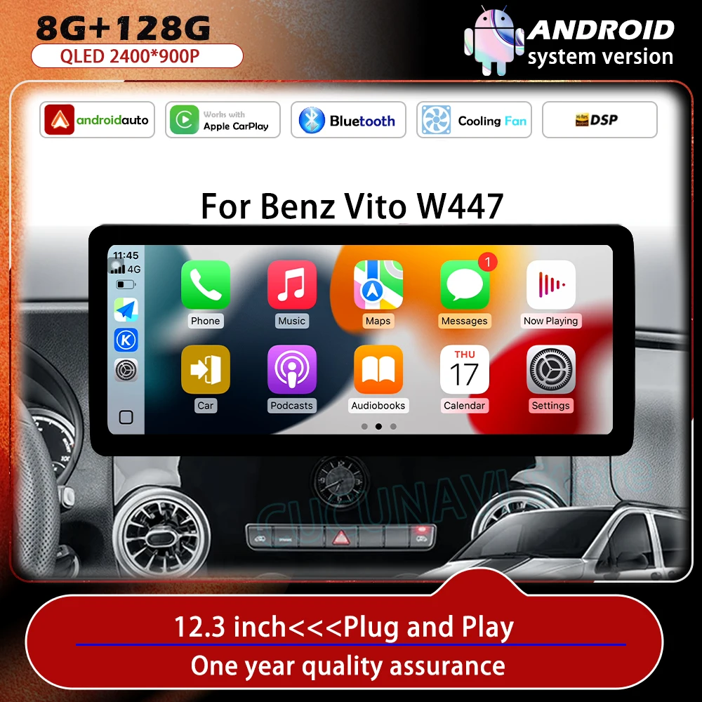 Radio Mobil Android OS 12,3 Inci Untuk Benz Vito W447 2014-2021, Receiver Stereo, GPS Navigasi, DSP Video, Carplay Player, Tanpa DVD 2DIN