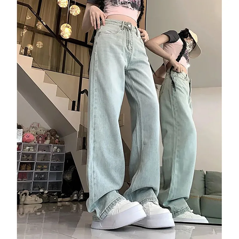 女性シックなグリーン刺繍ジーンズパンツ女性ルーズフィットデニムパンツ女の子ハイウエストストレートレッグジーンズズボン