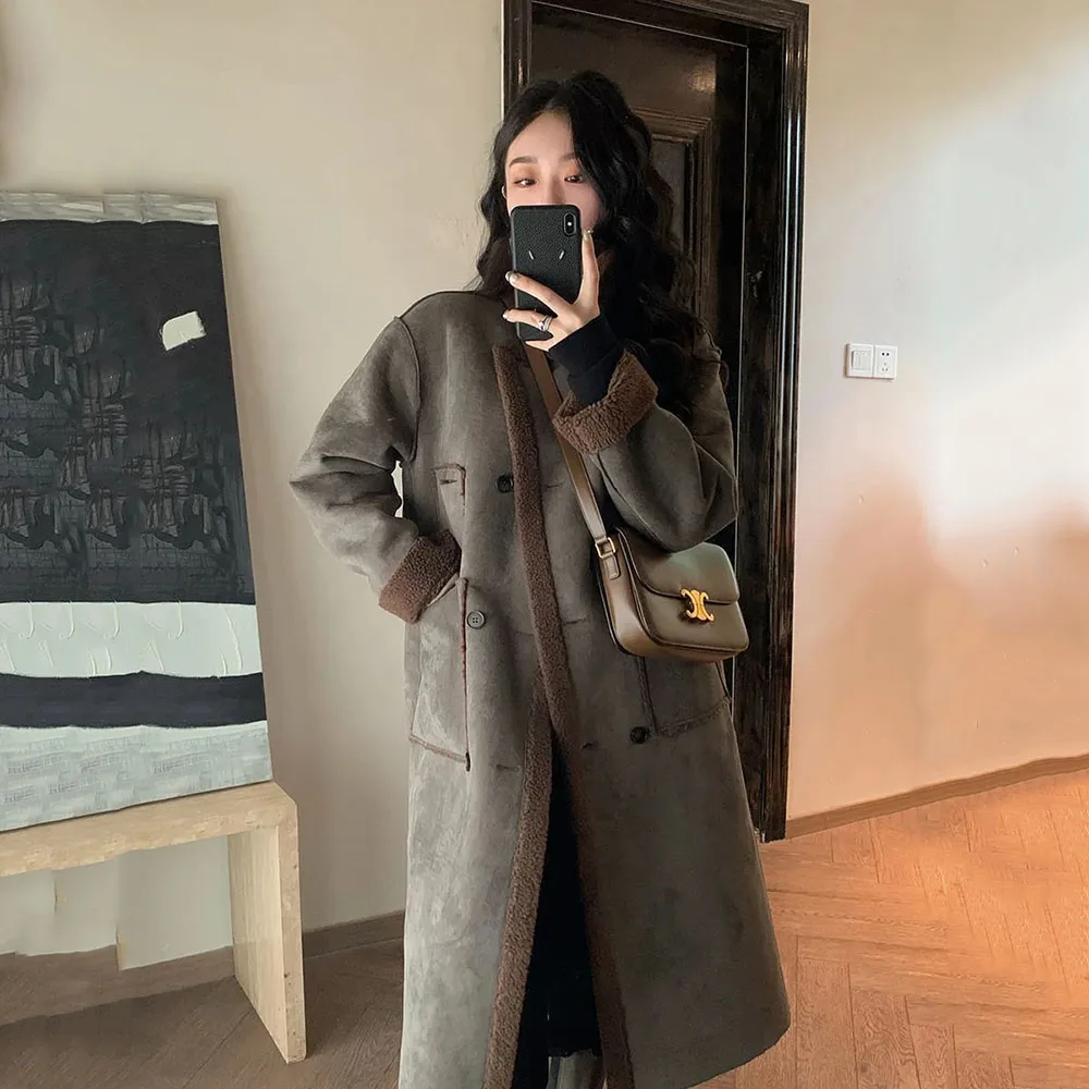 Autumn Winter Women Lapel Long Wool Jacket Women 2023 Thicken Warm Faux Fur Coat Female Suede Overcoat Vintage Patchwork Outwear