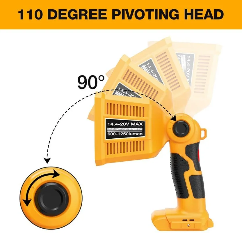 Imagem -02 - Adaptador de Luz do Trabalho da Lâmpada da Ferramenta do Diodo Emissor de Luz para a Bateria do Li-íon de Dewalt 18v 20v 1250 Lúmen Lanterna sem Fio Spotlight com Usb